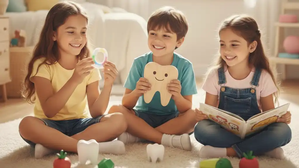 drei lächelnde kinder sitzen in einem hellen raum auf dem boden und spielen mit zahnförmigen spielzeugen. eines hält eine zahnbürste, ein anderes eine lächelnde zahnfigur und das dritte liest ein buch. zahnpflegeartikel liegen vor ihnen verstreut.
