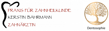 logo mit schwarzem zahnumriss und rot schwarzem text praxis für zahnheilkunde kerstin bahrmann zahnärztin, mit einem goldenen baum innerhalb eines kreises mit der aufschrift dentosophie auf der rechten seite perfekt als modernes zahnklinik logo.