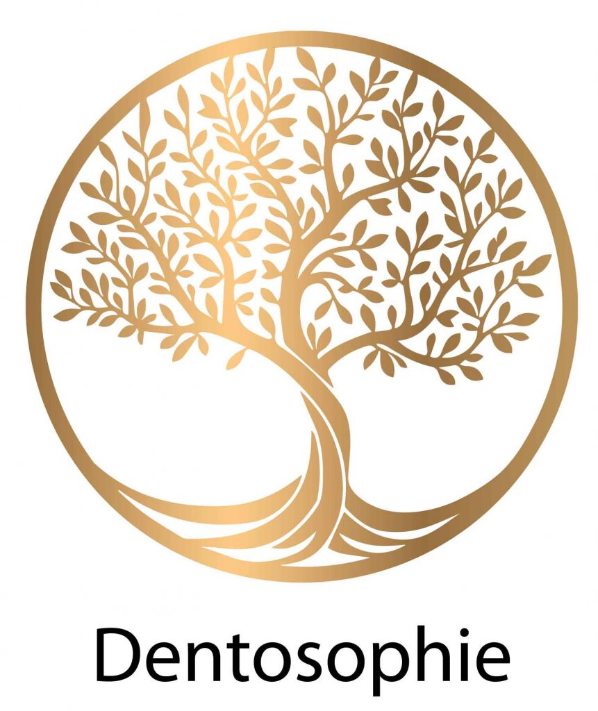 ein goldener baum mit wirbelnden Ästen und wurzeln innerhalb eines kreisförmigen rahmens, der einem lebensbaum ähnelt, mit dem wort dentosophie in schwarzer schrift darunter.